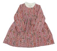 Růžovo-barevné pruhované žebrované šaty s ptáčky 