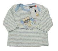 Nové - Bílo-šedo-modré pruhované sametové triko s medvídkem a nápisy Ergee