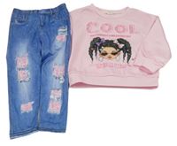 2set - Světlerůžová mikina s dívkou + modro-růžové legíny riflového vzhledu Shein