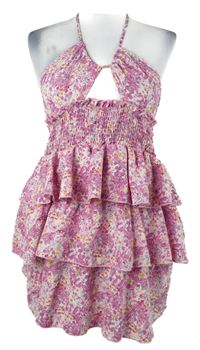 Dámská růžová kytičkovaná šatová tunika s volánky Shein 