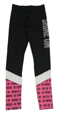 Černo-bílo-růžové sportovní legíny s nápisem F&F