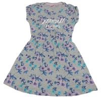 Šedé bavlněné šaty s kytičkami a nápisem Alive