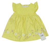 Žluté bavlněné šaty s madeirou a kytičkami zn. Mothercare