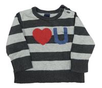 Tmavomodro-šedý pruhovaný svetr s nápisem GAP