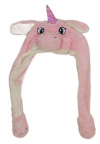 Růžová plyšová podšitá čepice - jednorožec 