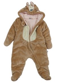 Starorůžovo-bílá chlupatá zateplená kombinéza s čumákem na kapuci