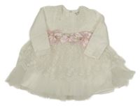 Bílé slavnostní šaty s květy a krajkovou sukní 