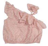 Růžová kytičkovaná asymetrická crop halenka s volánky Next 