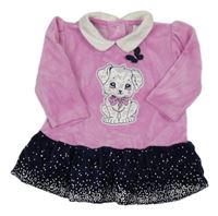 Růžovo-tmavomodré sametové šaty s pejskem C&A