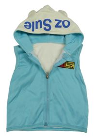 Tyrkysovo-bílá tepláková vesta s medvídkem a kapucí 