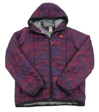 Růžovo-tmavomodrá vzorovaná funkční šusťáková zimní bunda s kapucí zn., Decathlon