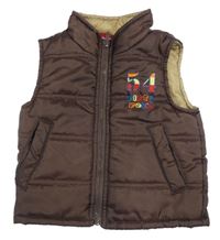 Hnědá šusťáková prošívaná zateplená vesta s výšivkou Tots