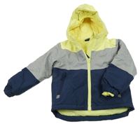 Tmavomodro-šedo-žlutá šusťáková zimní lyžařská bunda s kapucí Lupilu