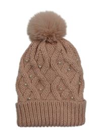 Světlerůžová vzorovaná čepice s perličkami a bambulí 