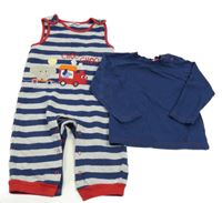 2set - Tmavomodré triko + tmavomodro-šedé pruhované teplákové lacláče s vláčkem