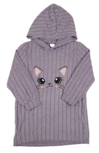 Fialové žebrované úpletové šaty s kočkou a kapucí 