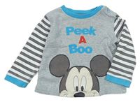 Šedo-bílo-tmavošedo-azurové melírované pruhované pyžamové triko s Mickey Disney