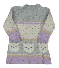 Šedo-světlebéžovo-fialové vzorované svetrové šaty s medvídky Topomini