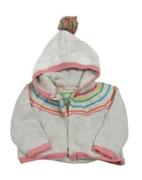 Světlešedo-růžový melírovaný propínací svetr s barevnými pruhy a kapucí s bambulí Next
