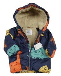 Nové - tnavomodrá melírovaná prošívaná šusťáková zimní bunda s dinosaury a kapucí F&F