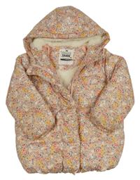 Světlerůžová prošívaná šusťáková zimní bunda s růžemi a kapucí F&F