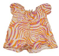 Smetanovo-oranžovo-fialový vzorovaný lněný kraťasový oversize overal ZARA