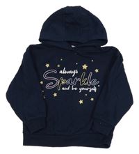 Tmavomodrá mikina s nápisy a zlatými hvězdičkami a kapucí PRIMARK