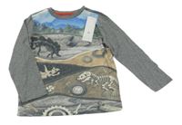 Nové - šedo-modré melírované pyžamové triko s kostrami dinosaurů F&F