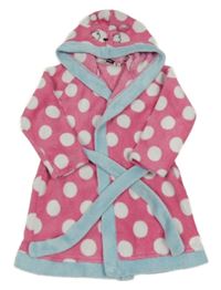 Růžovo-bílo-světlemodrý puntíkatý plyšový župan s kapucí s kočičkou