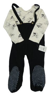 Nové - 2Set - Černé žebrované úpletové kalhoty + smetanové triko s Mickey s kamarády George