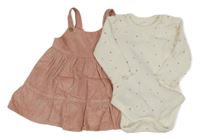 2Set - Pudrové manšestrové šaty + bílé žebrované body se srdíčky George