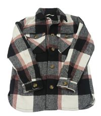 Černo-bílo-starorůžová kostkovaná vlněná košilová bunda H&M