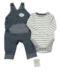 Nové - 2set - Tmavomodré melírované laclové tepláky s pruhovanou kapsou + pruhované body George