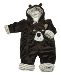 Tmavohnědá chlupatá zateplená kombinéza s medvědem a kapucí Topomini