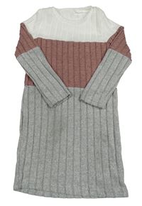 Bílo-starorůžovo-šedé žebrované úpletové šaty Shein