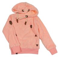 Neonově růžová chlupatá mikina s nášivkou a kapucí