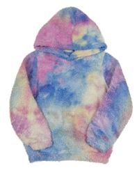 Modro-růžovo-lila batikovaná chlupatá mikina s kapucí