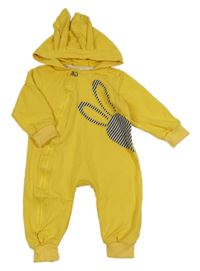 Hořčicová tepláková kombinéza s králíkem a kapucí