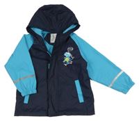 Tmavomodro-azurová nepromokavá lehce zateplená bunda s dinosaurem a kapucí Kiki&Koko