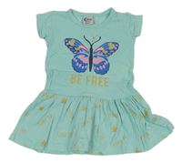 Tyrkysová bavlněná šatová tunika s motýlem a hvězdami