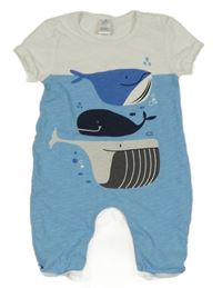 Modro-bílý bavlněný kraťasový overal s velrybami Topomini