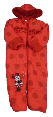 Červená puntíkatá šusťáková zimní kombinéza s Minnie a kapucí George