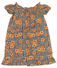 Černo-bílo-oranžové květované lehké šaty Primark