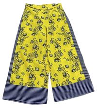 Žluto-tmavomodré lehké květované široké kalhoty 