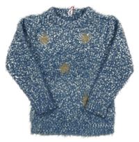 Modro-bílý melírovaný chlupatý svetr s hvězdičkami 