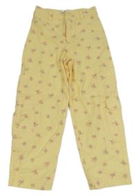 Žluté květované plátěné kalhoty s kapsami Zara