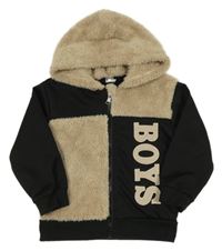 Černo-béžová propínací mikina s nápisem a chlupatou kapucí Shein