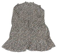 Smetanovo-černo-hnědé lehké šaty s leopardím vzorem s volánky M&S