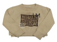Béžový crop svetr s leopardím vzorem a nápisy 