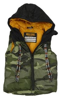 Černo-khaki army šusťáková zateplená vesta s nápisy a kapucí Dopodopo